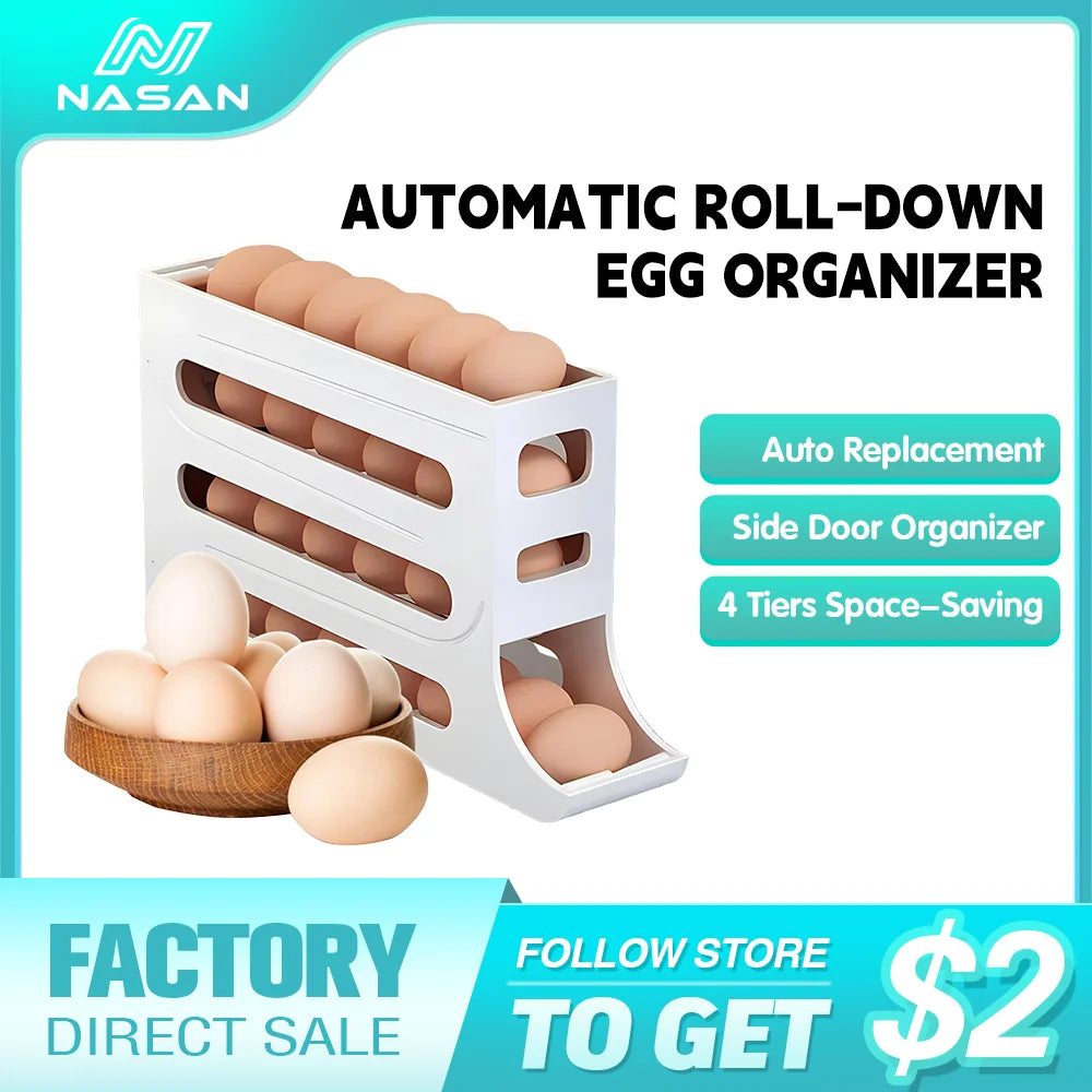 NASAN Egg Holder Egg Dispenser Auto Rolling Egg Tray Storage Organizer Space-Saving Egg Roller Rack 4 Tier Rolling Egg Holders