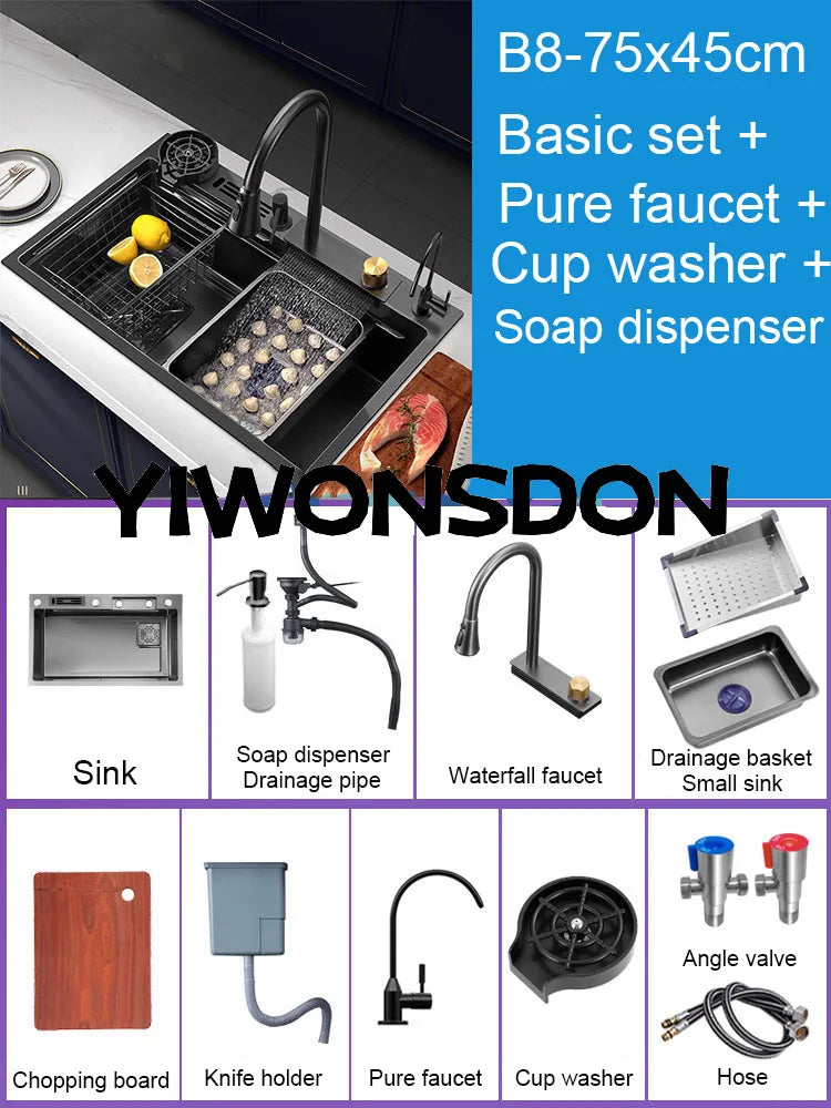 Multifunction Black Nano Kitchen Sink Waterfall Faucet Large Single Bowl Cup Washer Pure Tap Soap Dispenser 304 Stainless Steel