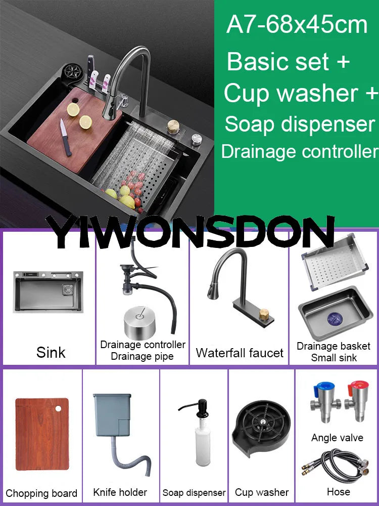 Multifunction Black Nano Kitchen Sink Waterfall Faucet Large Single Bowl Cup Washer Pure Tap Soap Dispenser 304 Stainless Steel