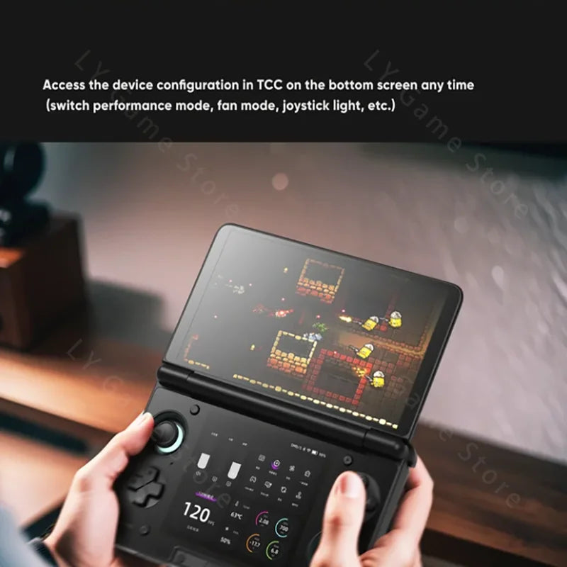 Thor 6” Handheld Gaming Console Dual OLED Screens Powered by Qualcomm Snapdragon CPU and Android 13, with a 6000mAh battery and hall stick controls for an immersive gaming experience on the go.