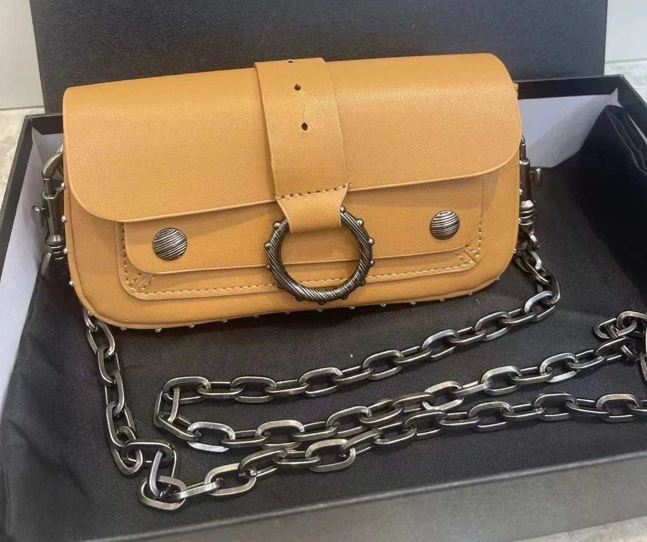 Multi-Color French Design Mini Waist Bag Classic Rivet Style Chic round design with a simple, versatile look. Compact and stylish, perfect for everyday wear.