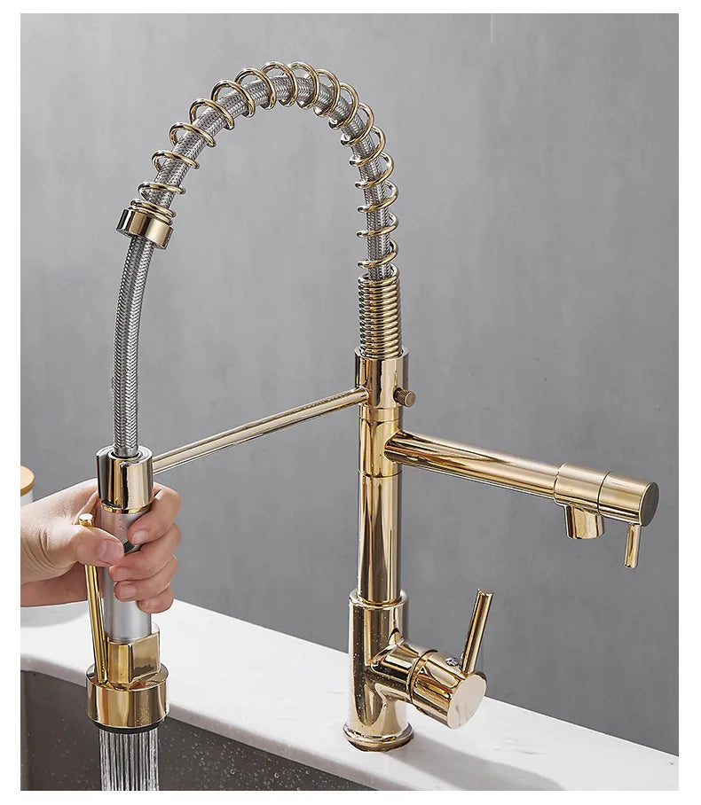 Brass kitchen sink faucet  360 degree rotating spring faucet  Single handle cold and hot mixed water tap