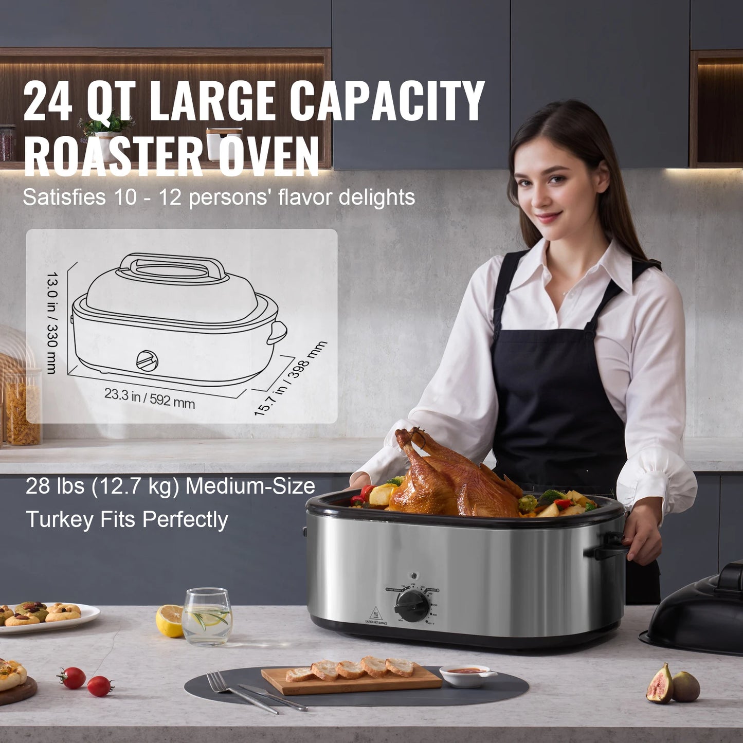 SucceBuy Electric Roaster Oven 24 QT Turkey Roaster Oven with Self-Basting Lid 1450W Roaster Oven Defrost&Warm Function Silver