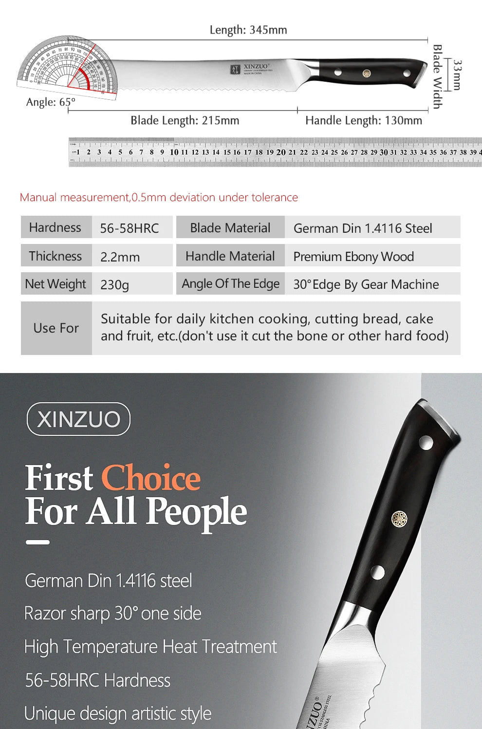 XINZUO German 1.4116 Stainless Steel  9'' Bread Knife 58HRC Serrated Design Cutter Tool For Cutting Bread Cheese Cake Gift Box