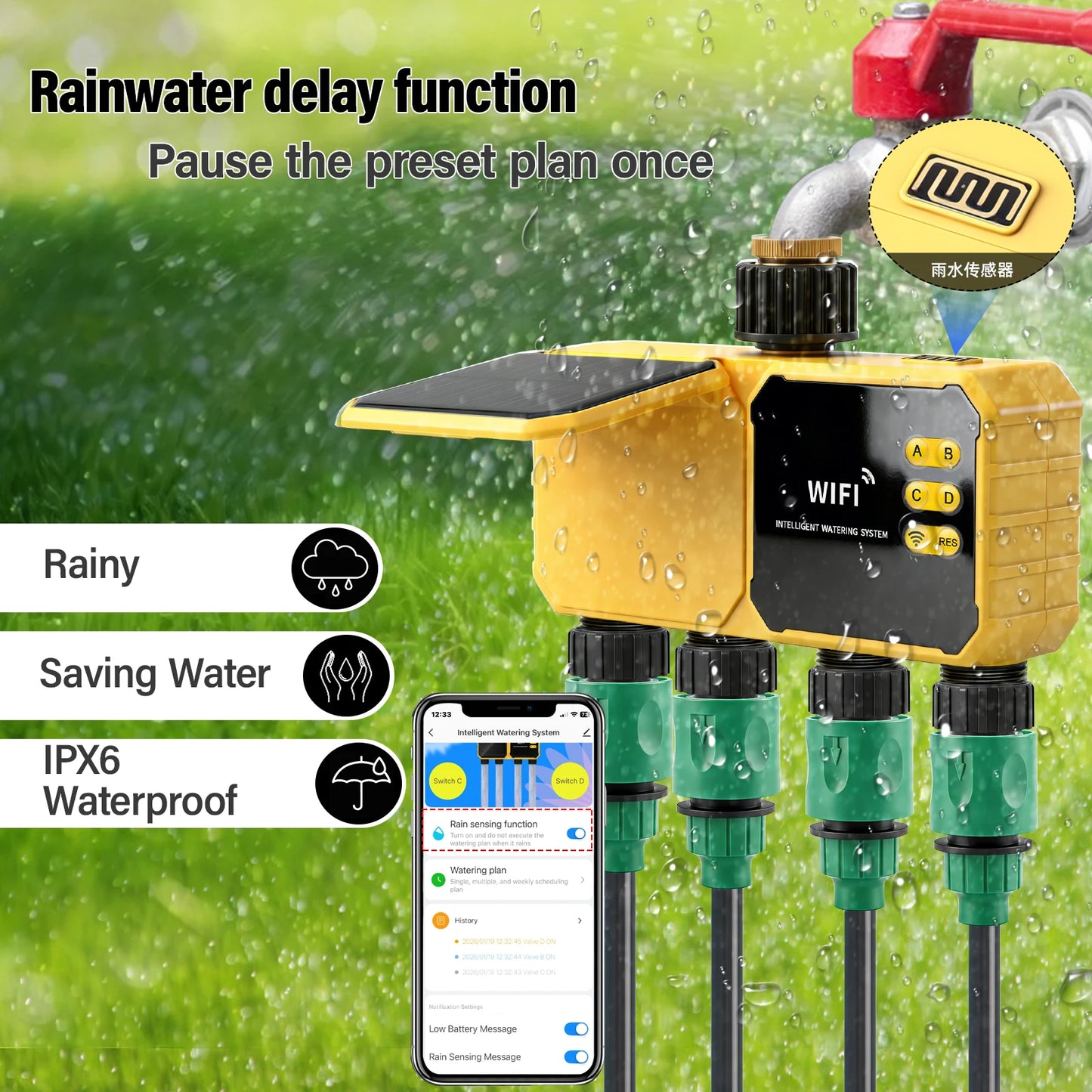 Solar WiFi 4-Zone Smart Water Timer
Solar-powered, app-controlled, 4 independent zones. Rain sensor auto-skips watering. IPX6 waterproof. Perfect for gardens & lawns.