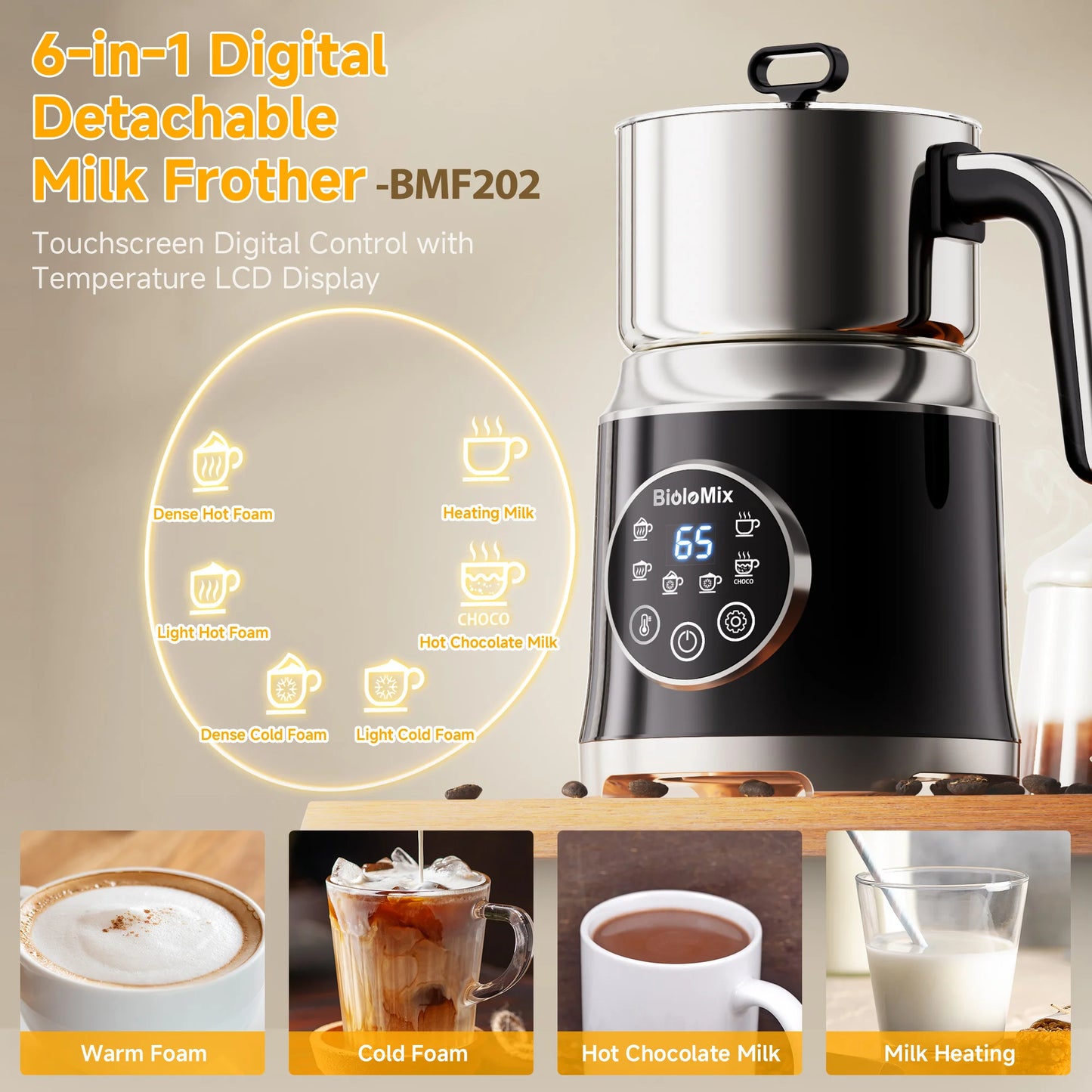 BioloMix 7-in-1 Detachable Electric Milk Frother Steamer Automatic Hot Cold Foam Maker for Coffee And Hot Chocolate