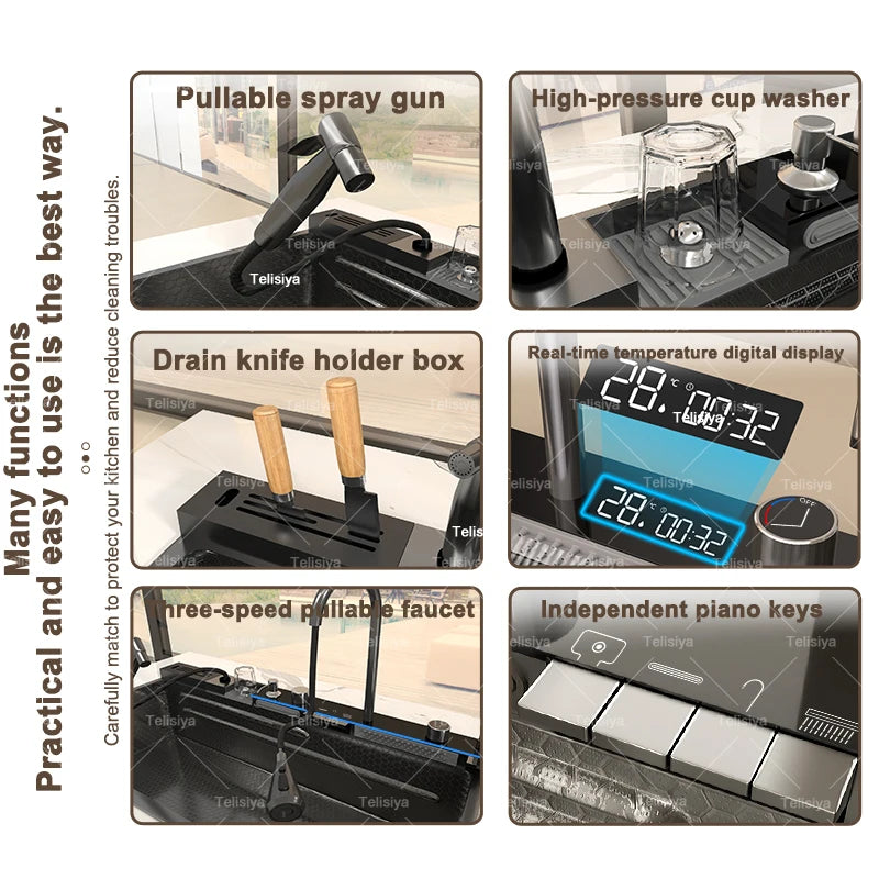 Extra Large Stainless Steel Waterfall Kitchen Sink Embossed Single Solt Digital Display Multifunctional Dishwashing Sink