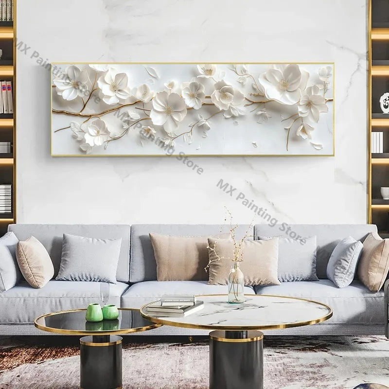 Abstract Floral Canvas Paintings,Modern Print White Flowers With Gold Branches And Leaves Posters,Nordic Living Room Decor Gift