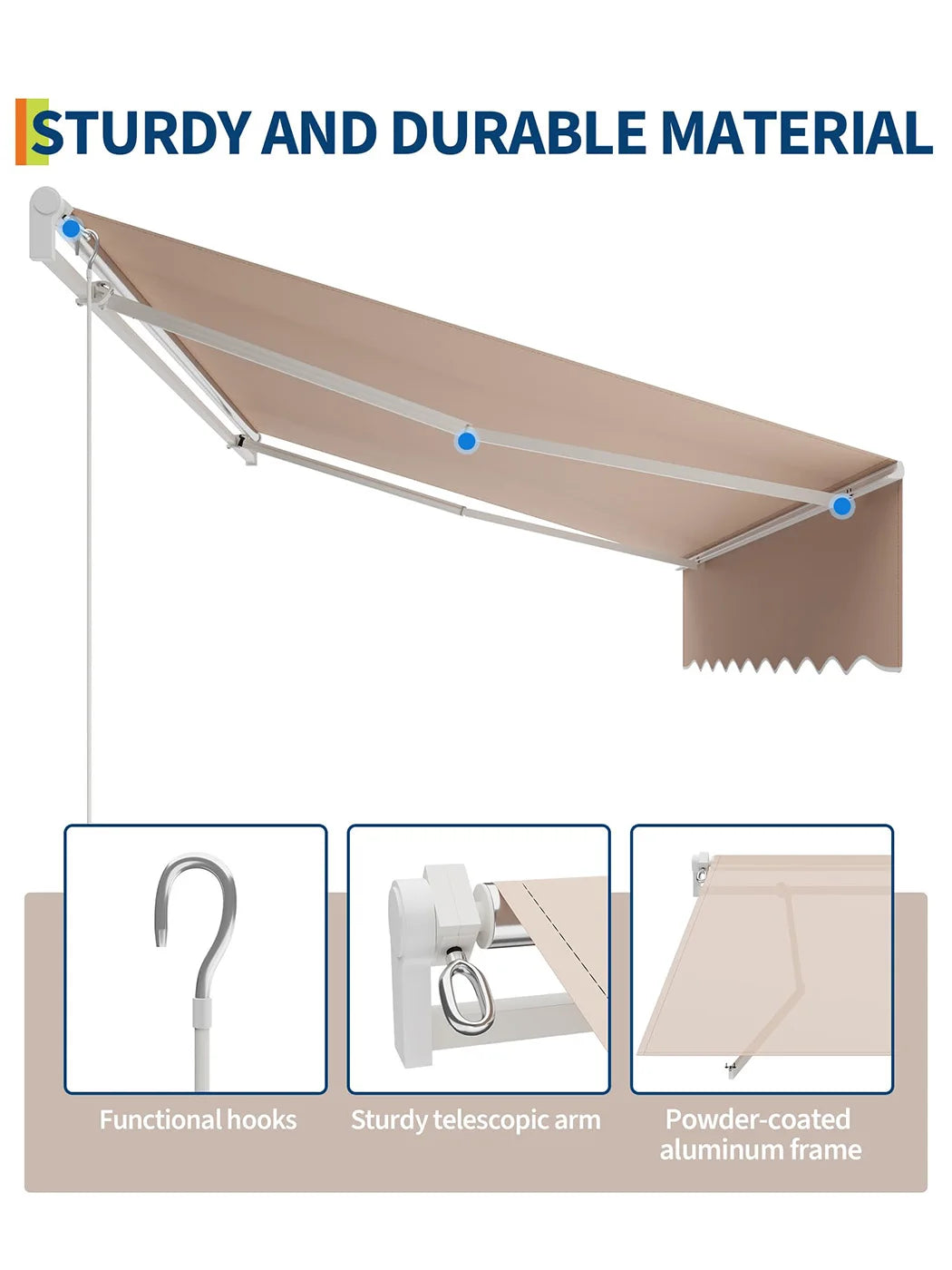 3x2.5m Retractable Patio Awning, Manual Crank Sun Shade With Waterproof Uv50+ Fabric & Aluminum Frame For Balcony Garden Outdoor