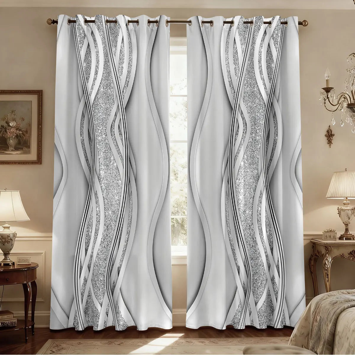 2pcs Minimalist Style Curved Lines Art Print Perforated Blackout Curtains Multi Size Living Room Bedroom Insulation Decoration