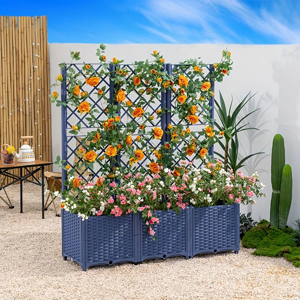 Vine woven brown checkered garden bed - movable large flower box - with supporting climbing plant poles - planting vegetables