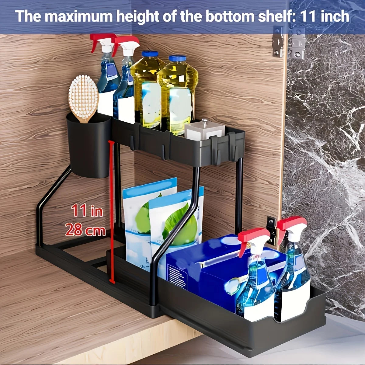 1pc Laoyeboubi 2-Tier Plastic Storage Organizer Pull-Out Drawer Kitchen Bathroom Space-Saving Durable Large Capacity
