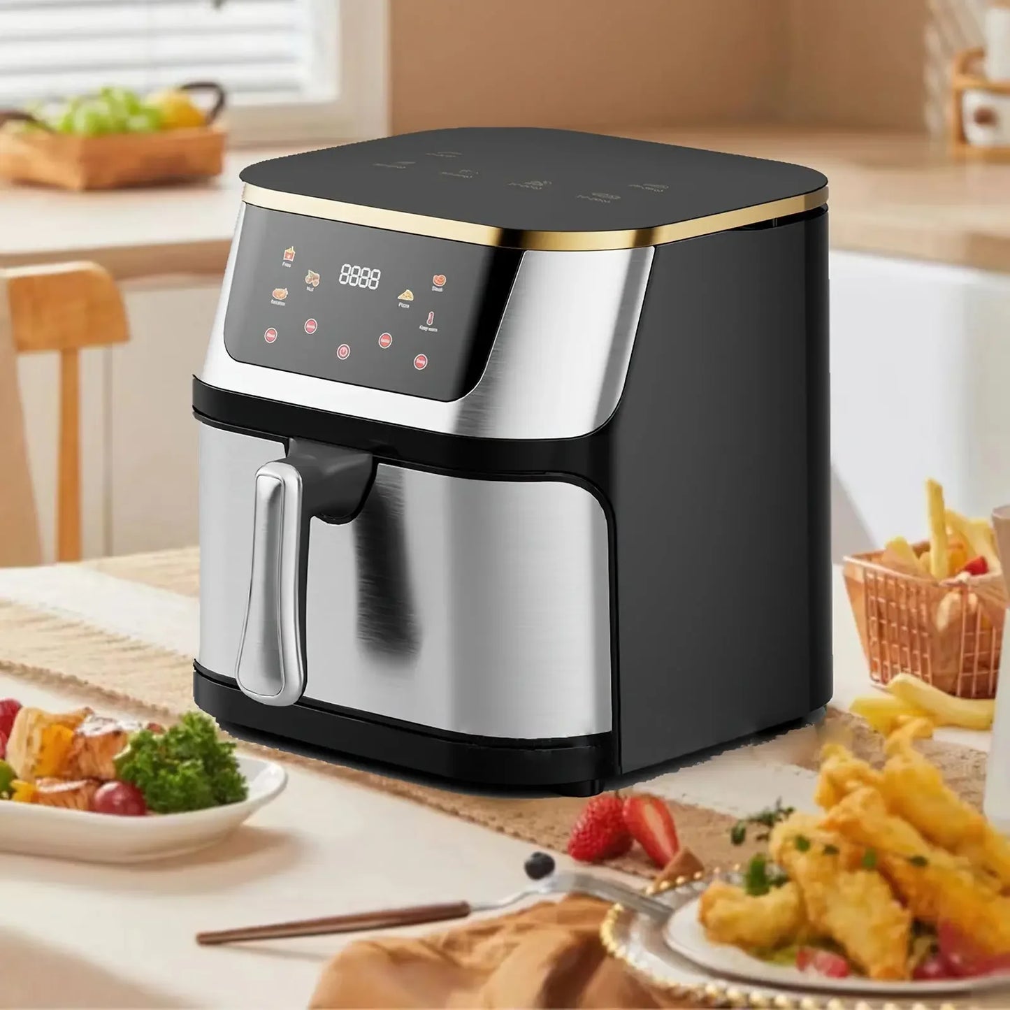 8L Stainless Steel Visible Large Capacity Electric Air Fryer, Multi-function Air Oven, LED Touch Screen,210 ° High Temperature