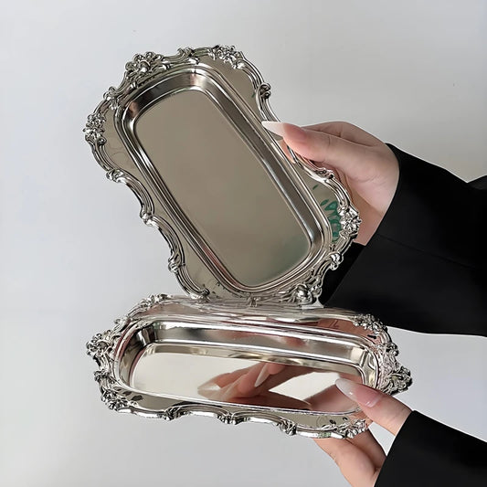 Vintage Embossed Stainless Steel Tray Serving Platter for Desserts Jewelry Storage Organizer Snack Plate For Dining Table Decor