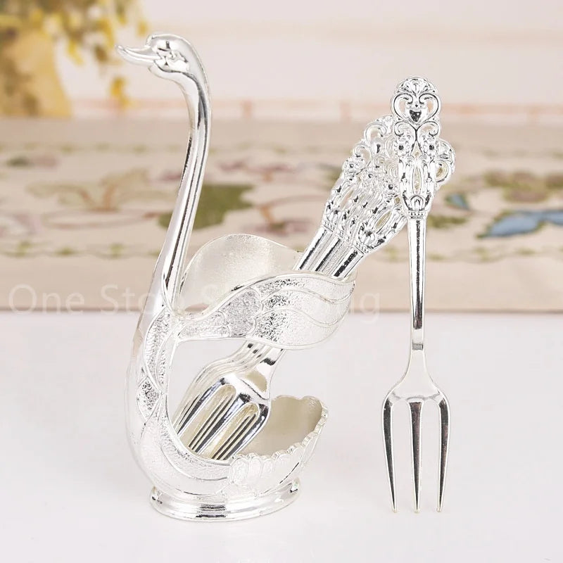 Creative Dinnerware Set Swan Base Holder Decorative Stainless Steel with 6 Spoons for Coffee Fruit Dessert Stirring Mixing