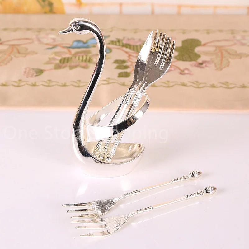 Creative Dinnerware Set Swan Base Holder Decorative Stainless Steel with 6 Spoons for Coffee Fruit Dessert Stirring Mixing