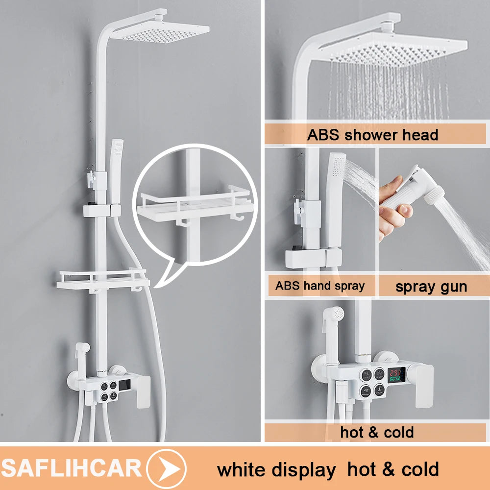Black Display Thermostatic Shower Faucet Set Rainfall Bathtub Tap With Bathroom Shelf Water Flow Produces Electricity