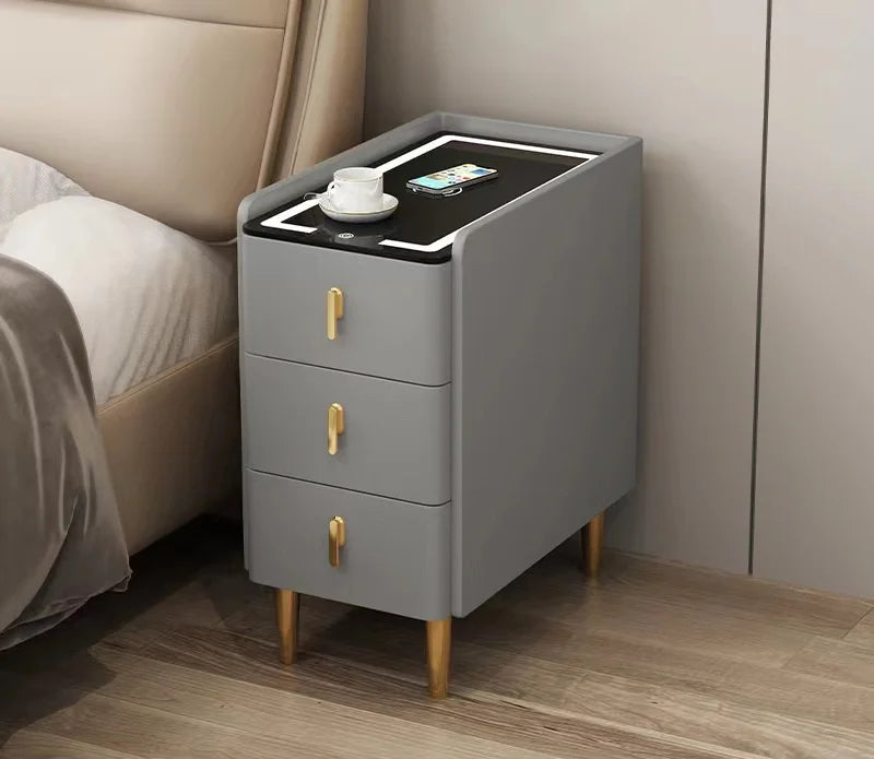 Smart Bedside Table, Solid Wood with Faux Leather Features 3 drawers, wireless charging, and side storage. Stylish and functional nightstand for modern bedrooms.