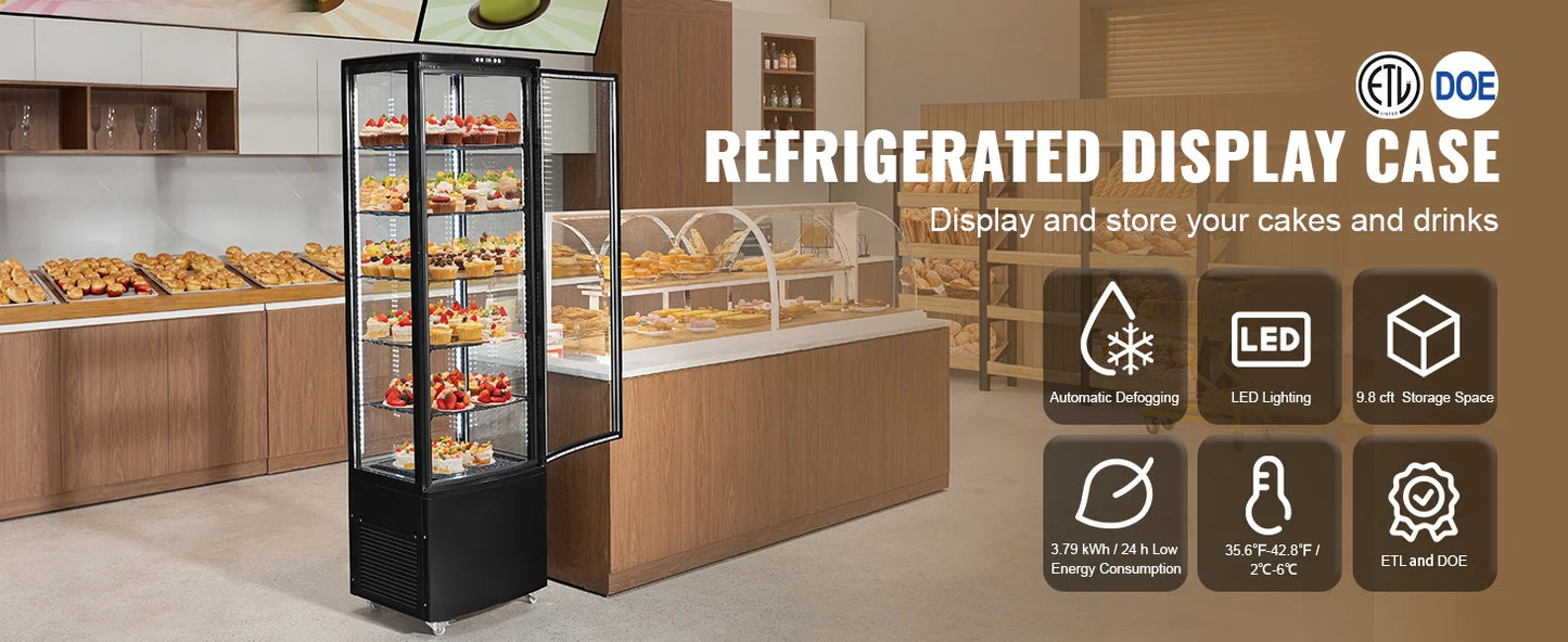 SucceBuy 3.5/4.2/5/9.8 cft Refrigerated Display Case Large Commercial Pastry Display Refrigerator with LED Lighting for Bakery