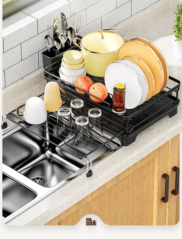 Dish Drying Rack - Extendable Dish Rack, Large Sink Drying Dish Drainer for Kitchen Counter, Stainless Steel Dish Strainer