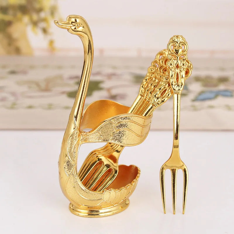 Creative Dinnerware Set Swan Base Holder Decorative Stainless Steel with 6 Spoons for Coffee Fruit Dessert Stirring Mixing
