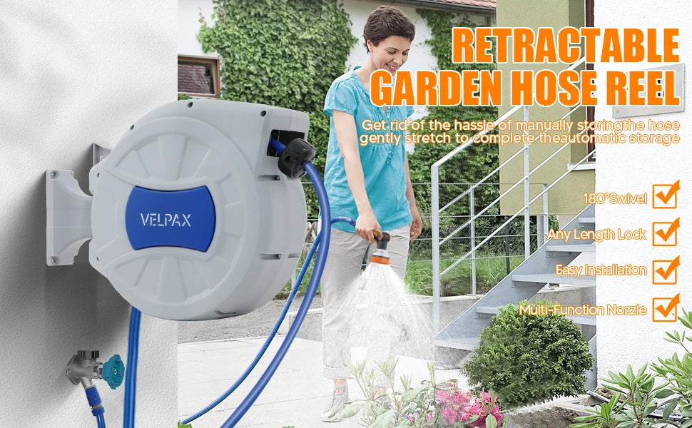 30M Wall-Mounted Garden Hose Reel with 8-Function Spray Gun
Features 180° swivel, 2 nozzle options, and automatic rewind for easy storage and convenient watering.