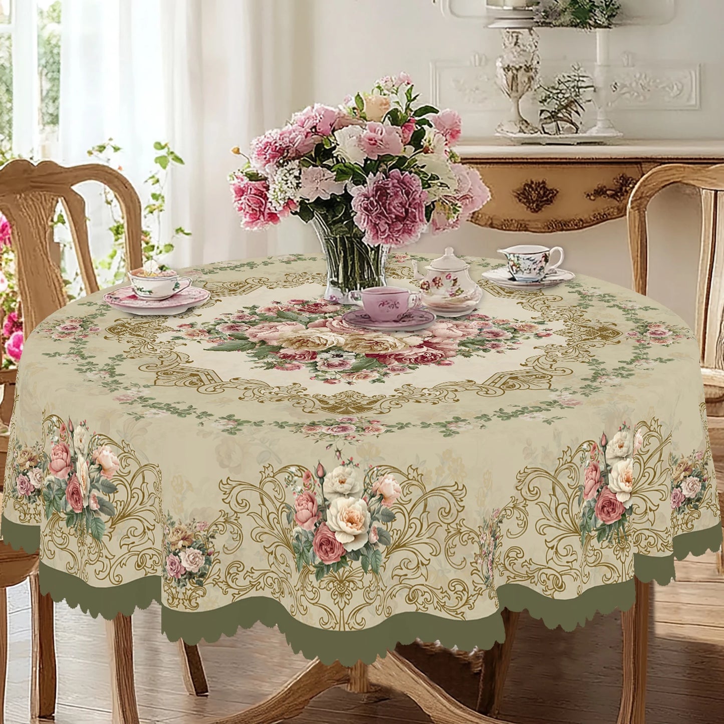 1 Piece of Spring Rose Floral Round and Rectangular Tablecloth, Various Sizes, Retro Pink Rose Pattern Printed Decorative Tablecloth, Retro Luxury Texture, Tablecloth for Home Kitchen, Outdoor Garden, Spring and Summer Home D