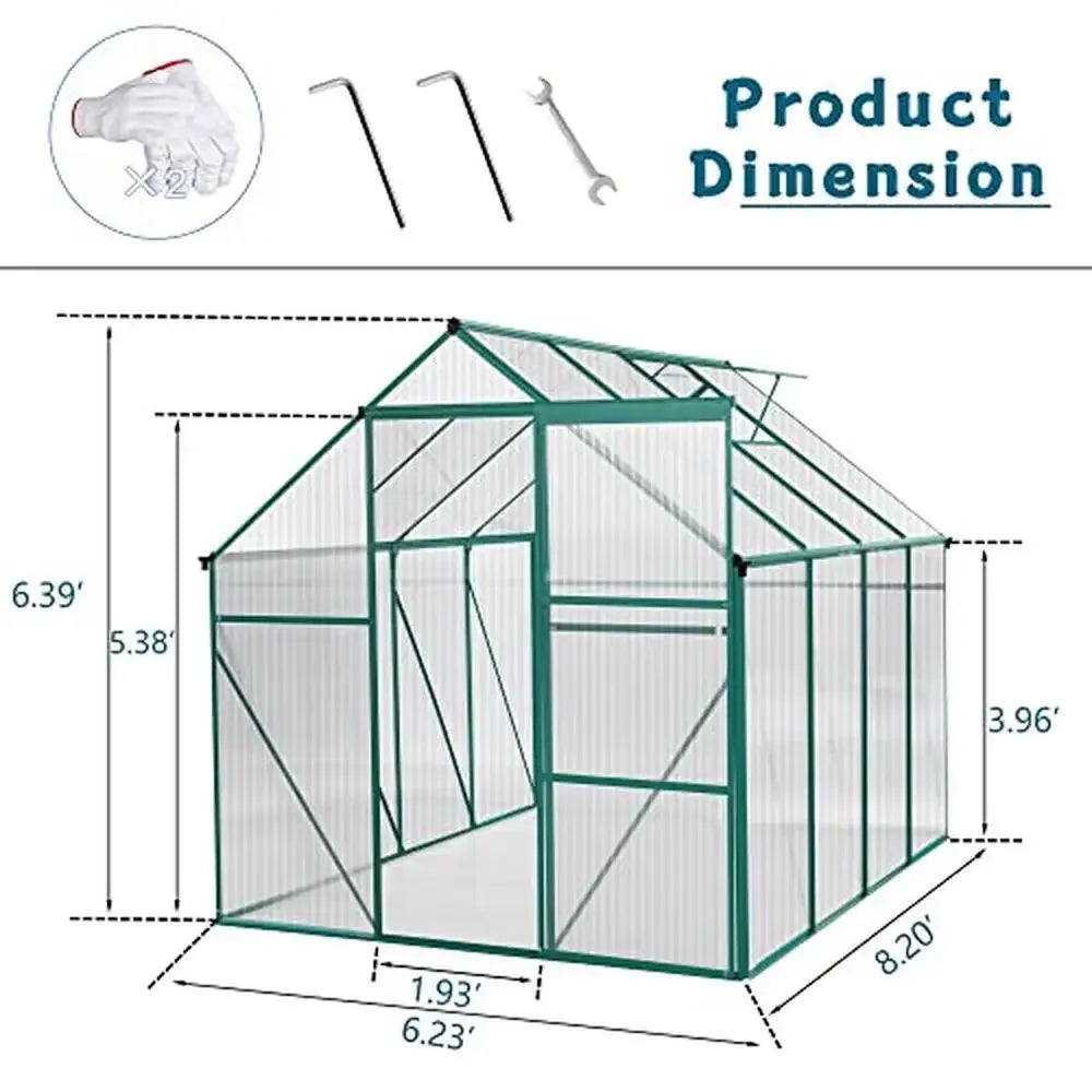Heavy Duty Polycarbonate Greenhouse 6x8 FT Walk-in Hobby Storage Shed Sliding Doors Adjustable Roof Vent Snow Load 20 lbs
