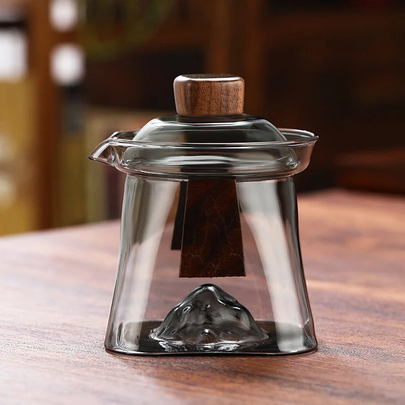 Bottom Mountain View Heat-resistant Glass Gaiwan Tea Tureen With Scald Proof Wood Chips Kung Fu Tea Set Tea Cup and Bowl Teaware