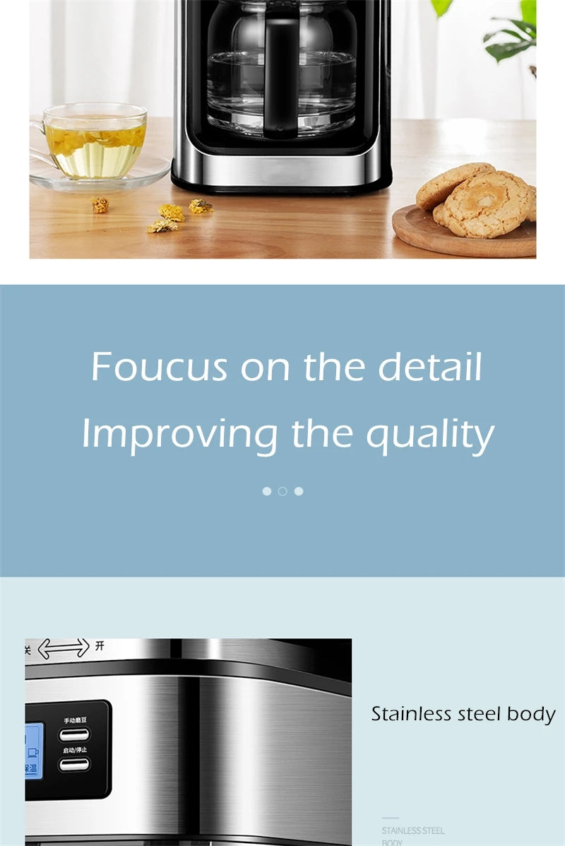 Fully automatic American coffee machine，Coffee beans or powder can be used，Electric grinding drip coffee machine 2-in-1
