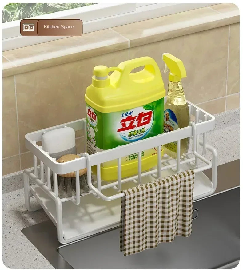 Space Saving Kitchen Sink Dish Rack Sponge Holder Water Drain Basket Countertop Storage Organizer for Cleaning Supplies