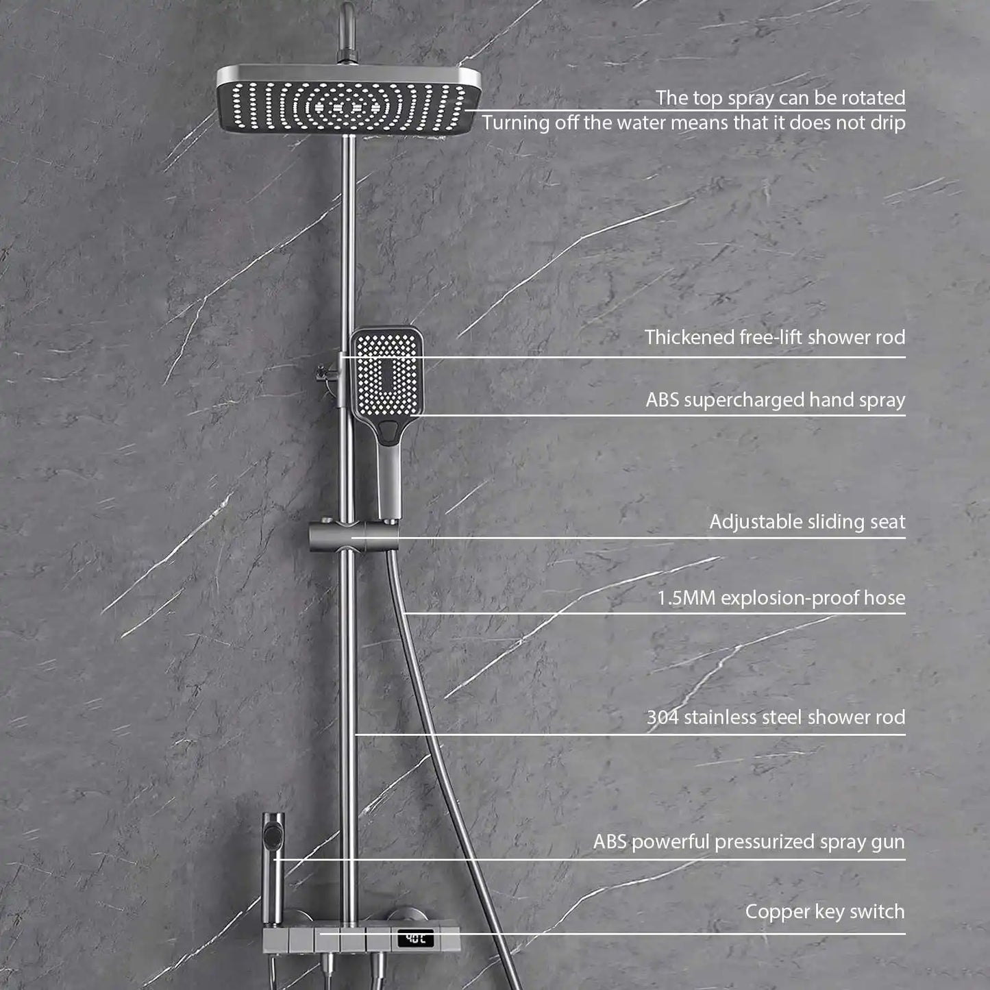 Digital Display Shower Faucet Set Rainfall Bathroom Mixer Tap Grey Bidet Shower System With Ambient Lighting Bathroom Accessorie