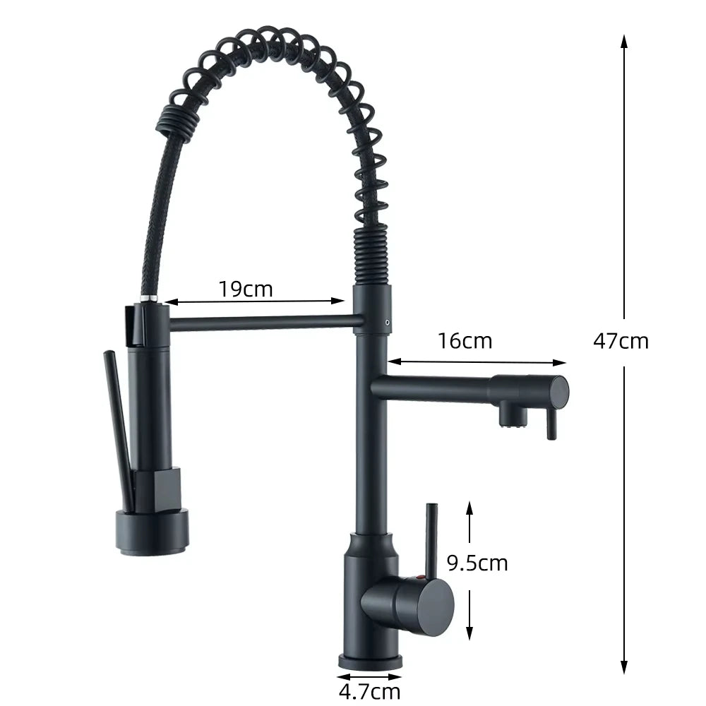 Grifo de cocina extraíble de resorte plateado/negro, mezclador monomando de agua fría y caliente, grifo de doble caño