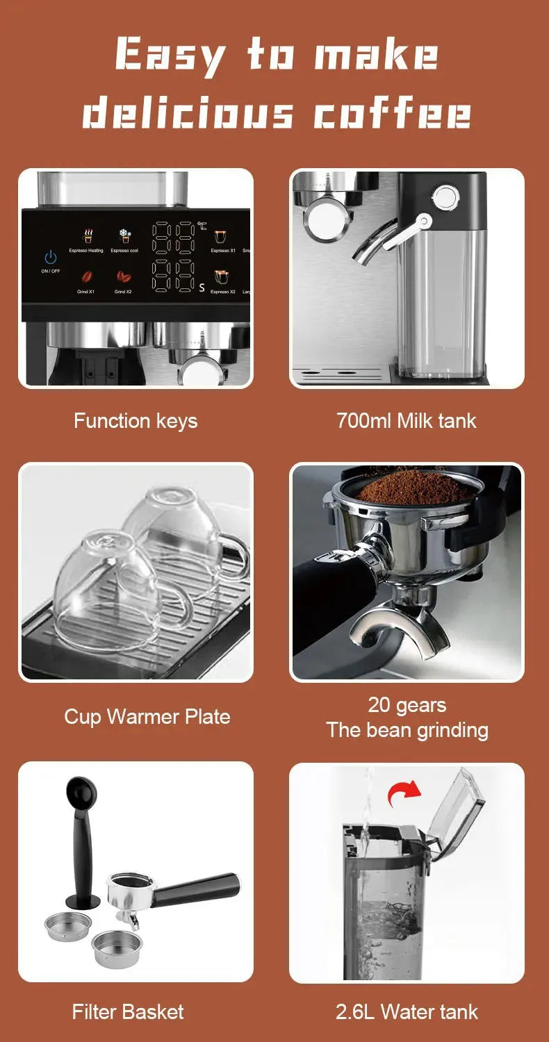 220V Semi-automatic Italian Coffee Machine With Grinding Function Espresso Coffee Maker Home Use Commercial Coffee Machine