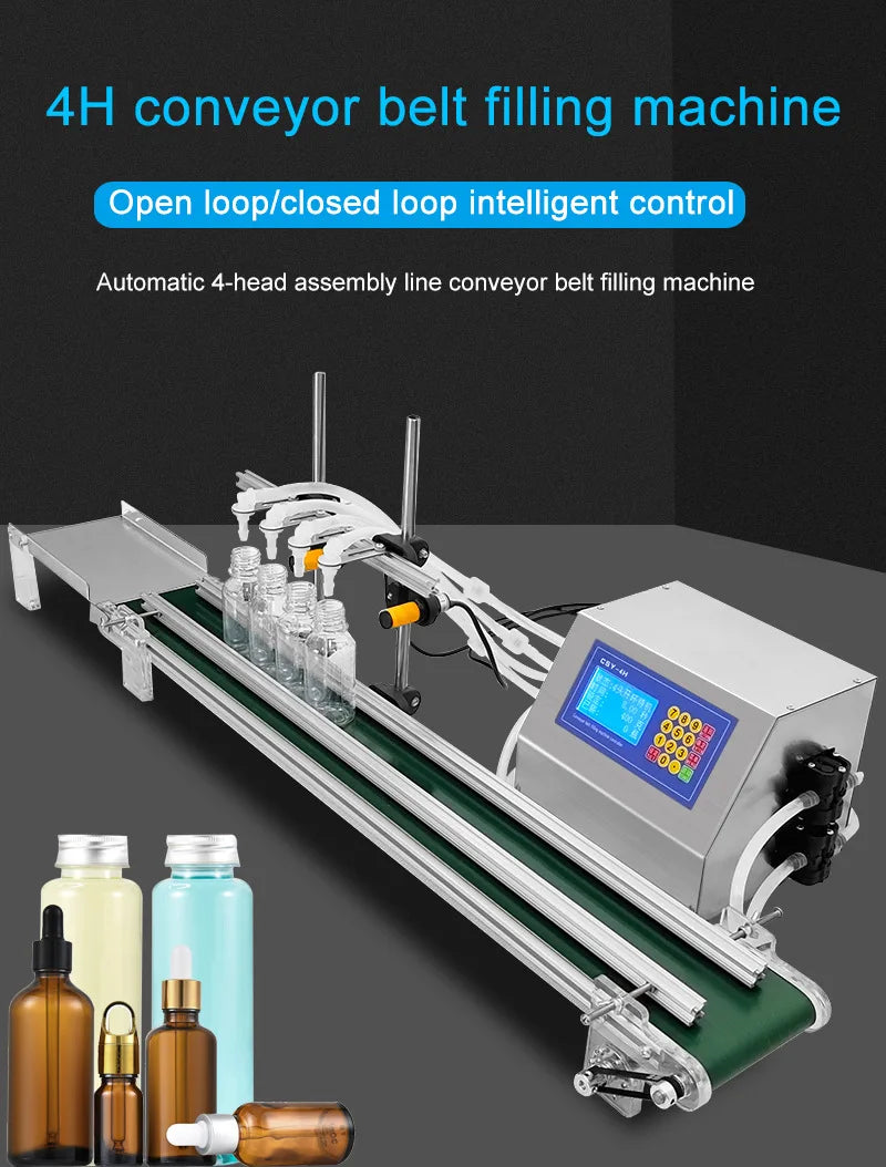 Automatic Filling Machine Diaphragm Pump Small Liquid Four Heads With Conveyor Belt Oil Filler 4*3000ml/head Csy-4h3200