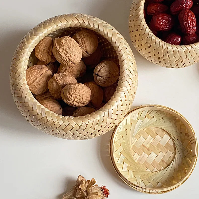 Bamboo Storage Basket With Lid Double Layer Handmade Woven Tea Basket Tabletop Storage Box for Tea Fruit Dried Fruit Snack Food