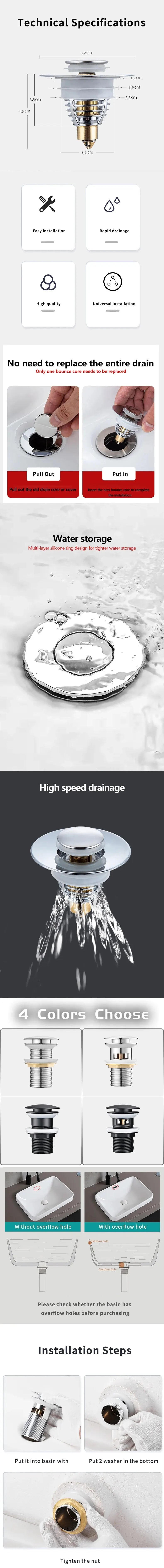 Basin Sink Drain Waste Pop Up Drain Stopper Push Button Bathroom Faucet Accessories