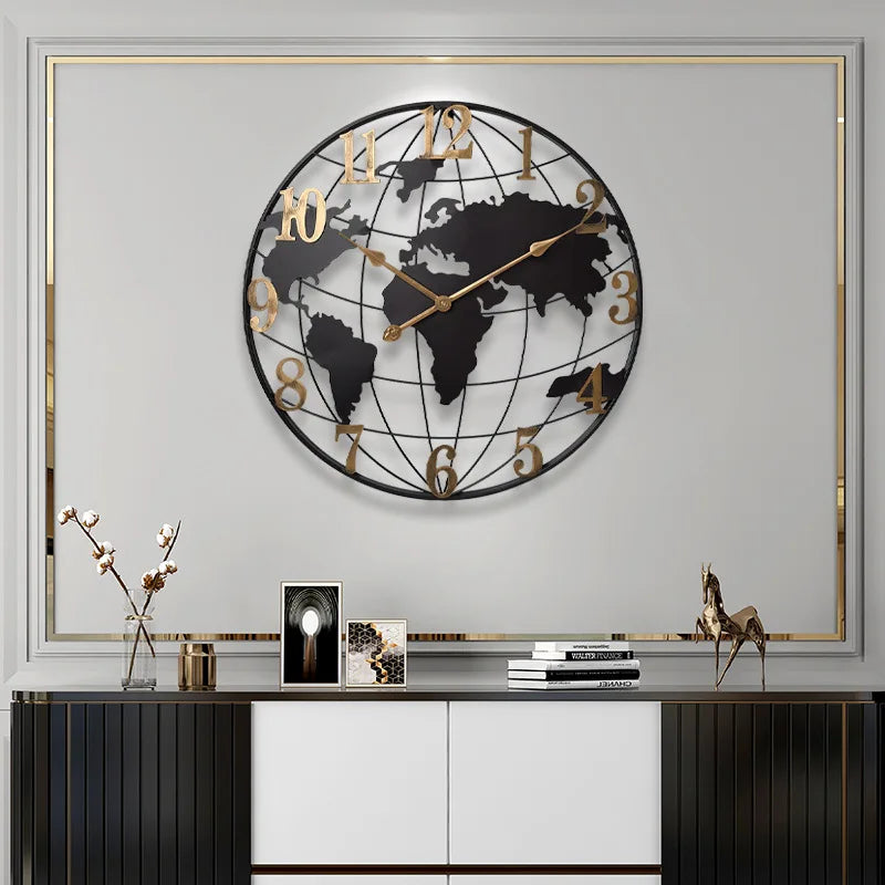 Round Silent Non-Ticking Battery Operated Wall Clocks 60/75/90cm Large Map Wall Clock Metal Minimalist Clock for Living Room