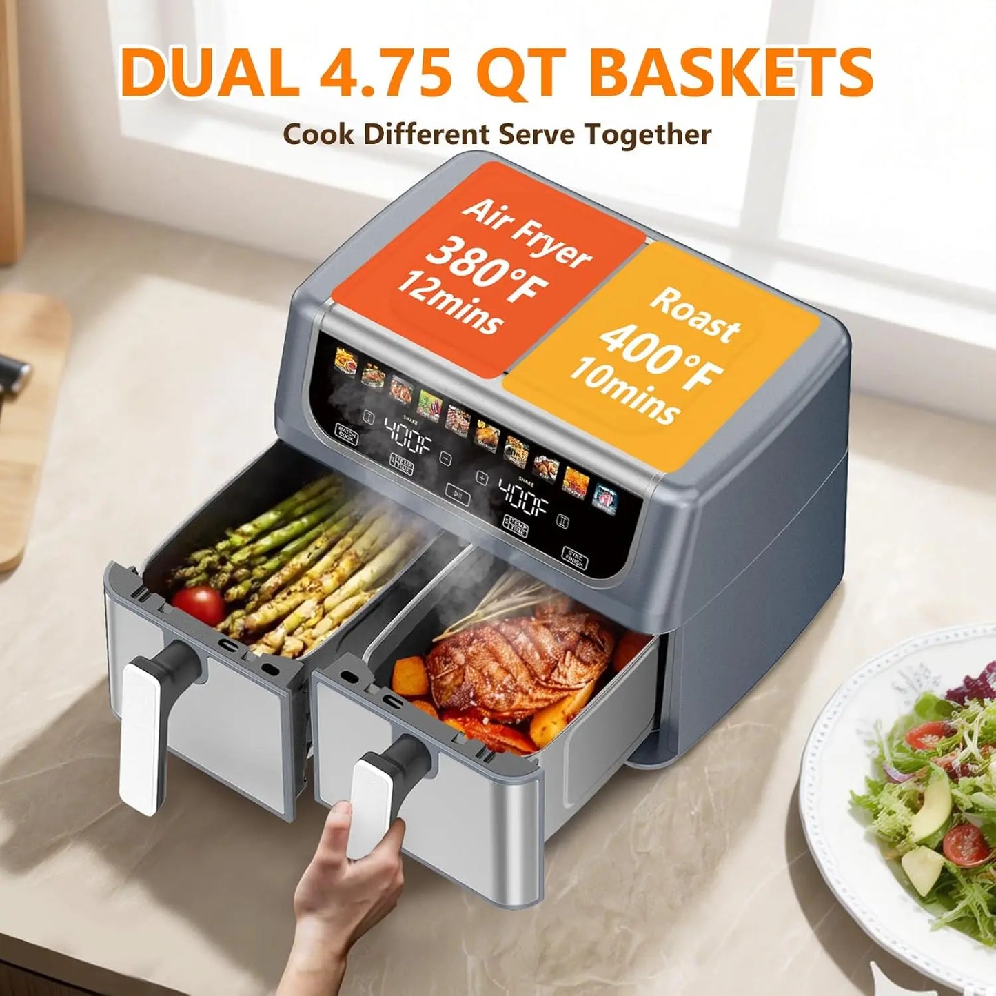 Dual Basket Air Fryer, 9.5 Quart Large Air Fryer with Double Basket, Grey