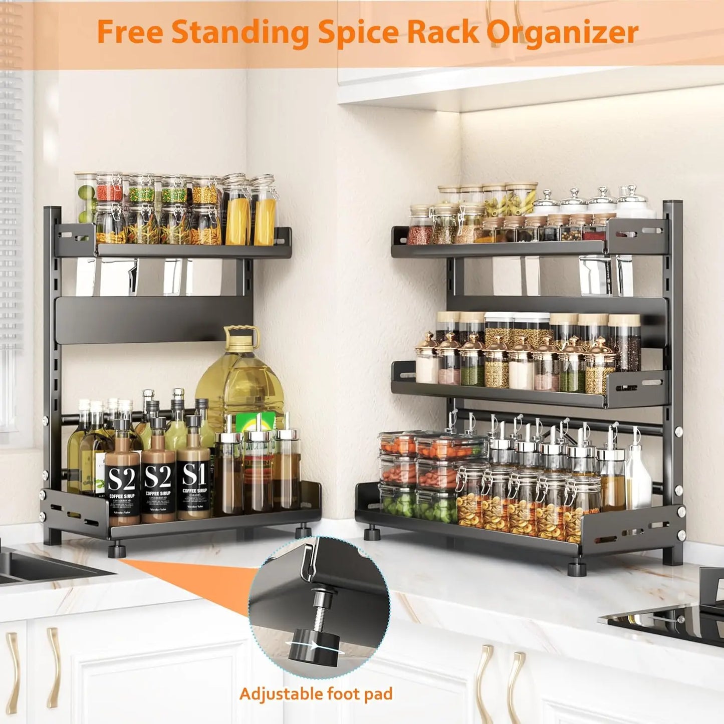3-Tier Spice Rack – Adjustable Kitchen Organizer Sturdy metal shelf in sleek black design. Perfect for countertops or cabinets to keep spices neat and accessible.