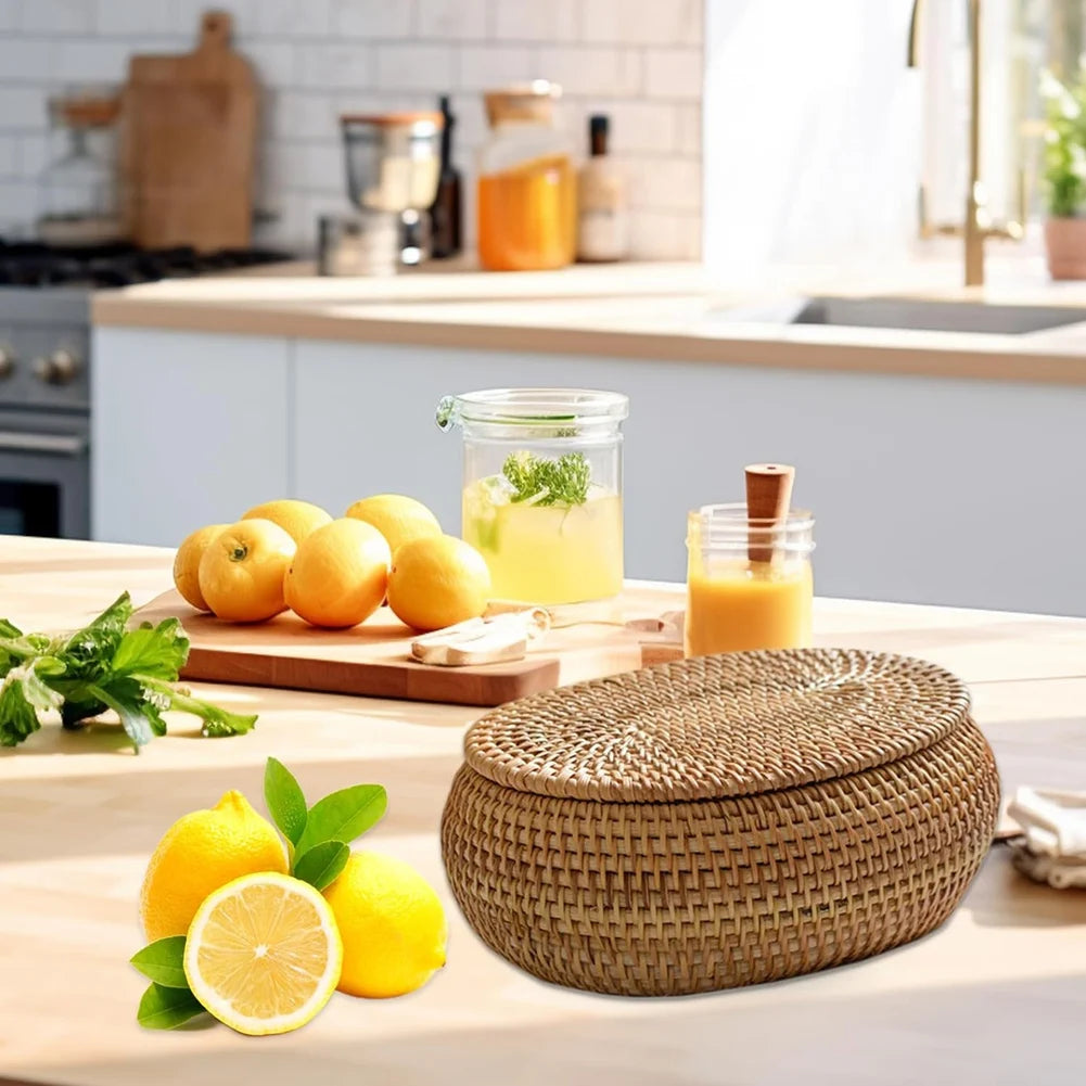 SEWS-Rattan Box Storage Baskets With Lid, Rattan Basket, Handwoven Round Woven Basket, Desktop Decorative Box For Home,Office