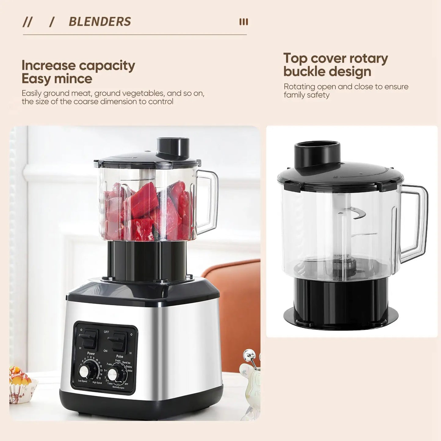 3-in-1 Blender & Food Processor – Multi-Function Includes juicer (8 blades), meat grinder (4 blades), and dry mill (6 blades) with 3 cups. Powerful, versatile, and perfect for everyday kitchen use.