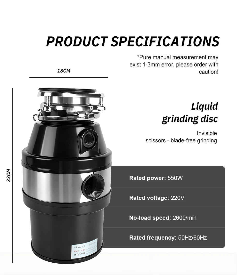 Electric Kitchen Food Waste Disposer – Heavy-Duty Under-sink garbage disposal unit with 220V, 550W power. Efficiently grinds food waste for easy kitchen cleanup.