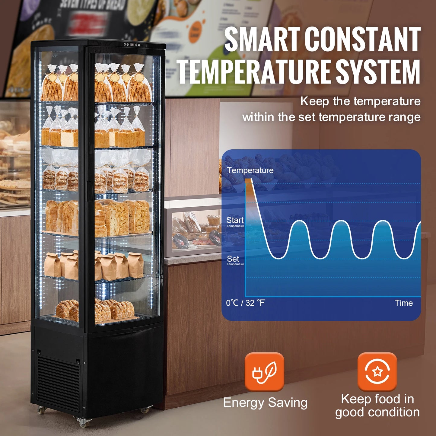 SucceBuy 3.5/4.2/5/9.8 cft Refrigerated Display Case Large Commercial Pastry Display Refrigerator with LED Lighting for Bakery