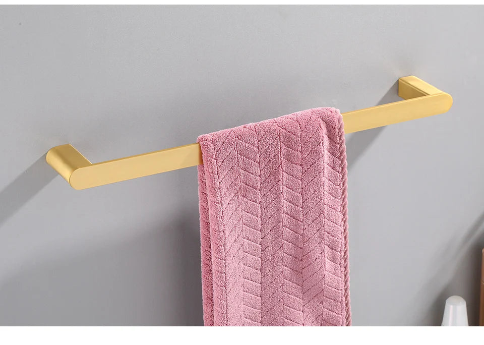 Brushed Gold  Bathroom Accessories Sets 4 Wall Mounted Towel Bar Robe Hooks Toilet Paper Roll Holder Stainless Steel Hardware