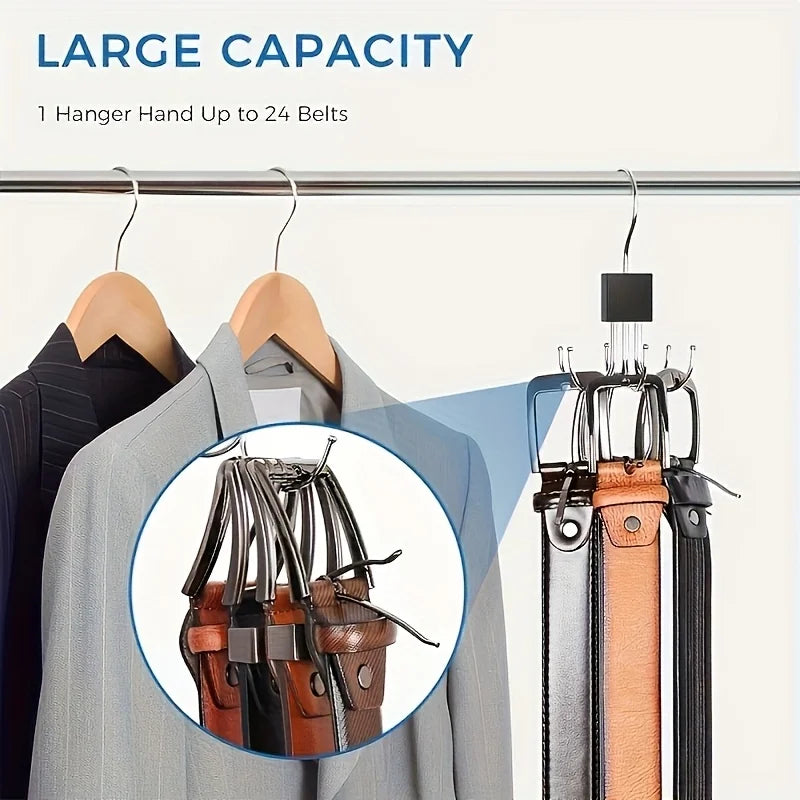 Rotating Wooden Metal Belt Hanger Multi-Functional Closet Organizer for Belts Bras Ties and Scarves with Stainless Steel Hooks
