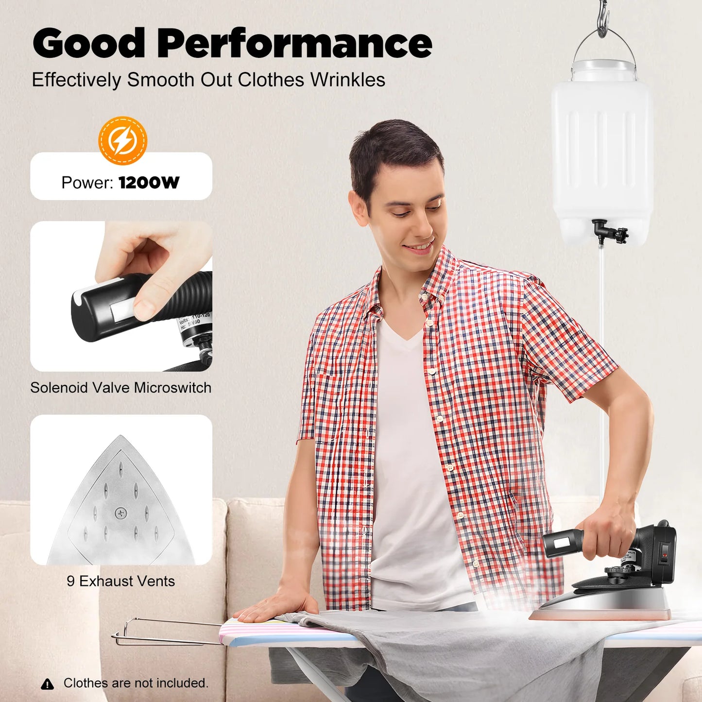 1200W Industrial Electric Steam Iron 5-Gear Temp 3L Tank Dry Steam Ironing Titanium Plated Soleplate Commercial Garment Steamer