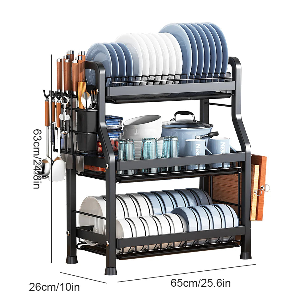 Dish Drying Rack 2/3-Tier Kitchen Dish Rack Drainboard Set Dish Drainer with Utensil Holder Countertop Dinnerware Storage