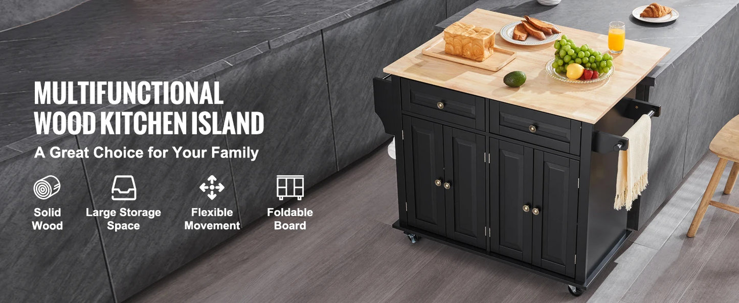 SucceBuy 43" Kitchen Island Cart Wood Top Mobile Carts with Storage Cabinet Rolling Table with Drop Leaf Spice Rack Towel Bar