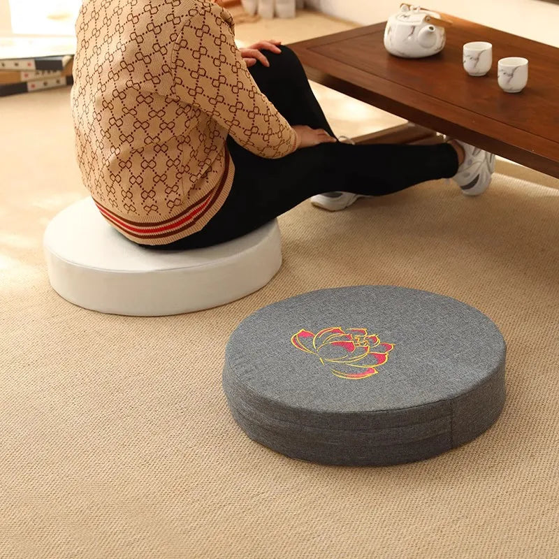 40x6cm Linen Meditation Cushion Round Yoga Floor Pillow Lotus Embroidery Zafu Tatami Seat Pad Removable Cover